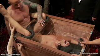 Зани ҷавон рабыню брюнетку Адриану Чечик бо завязанными чашмони загоняют дар бокс ва сипас бузург узви трахают Пасванди Пылью зери назорати госпожи принцессы Донны Долоре дар ҷомеа