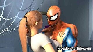 3D blonde babe mendapat vagina dijilat oleh Spiderman